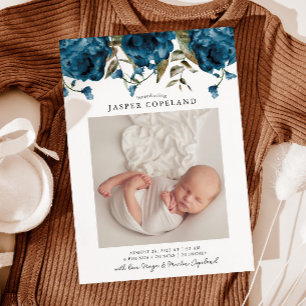 Marine Blue Peony Faire-part de naissance photo po
