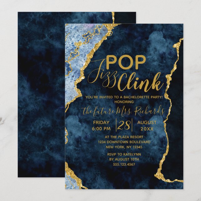 Marine Blue Pop Fizz Clink Bachelorette Invitation (Devant / Derrière)