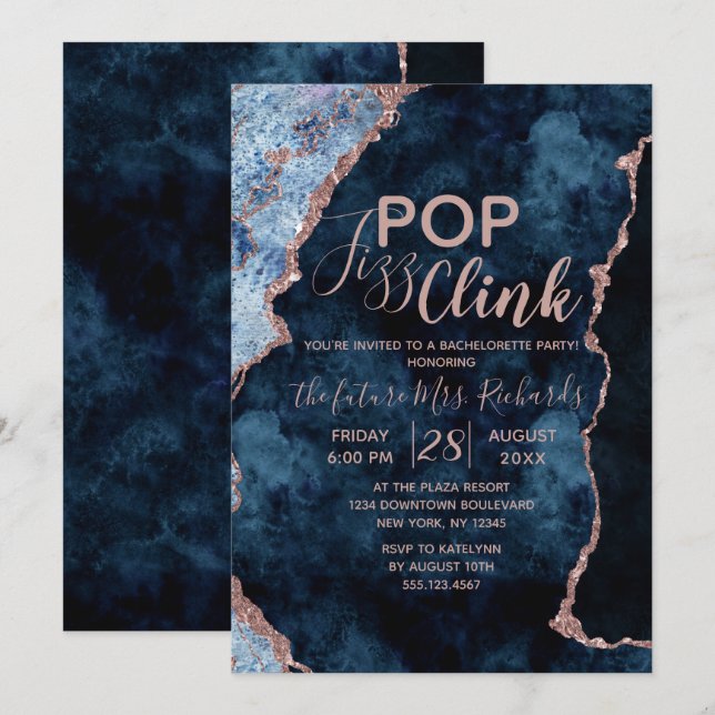 Marine Blue Pop Fizz Clink Bachelorette Invitation (Devant / Derrière)