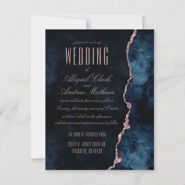 Marine Blue & Rose Gold Agate Mariage Invitations (Devant)