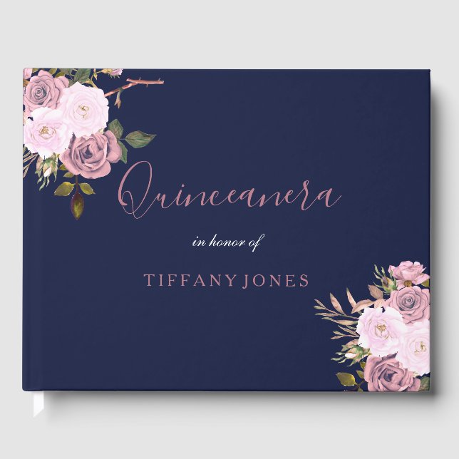 Marine Blue & Rose Gold Floral Quinceanera Livre d (Recto)