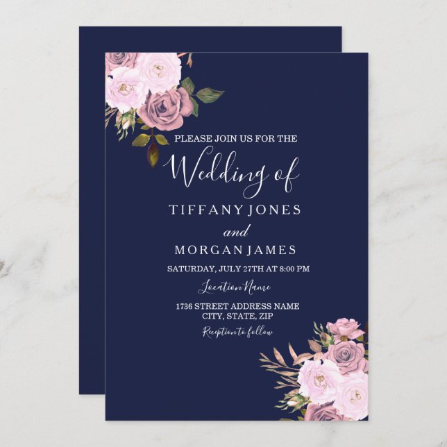 Marine Blue & Rose Gold Floral Wedding Invitation (Devant / Derrière)