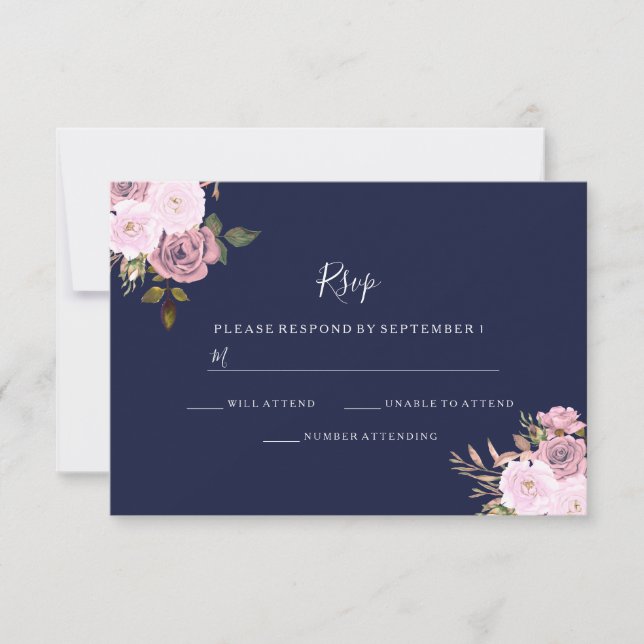 Marine Blue & Rose Gold Floral Wedding RSVP (Devant)