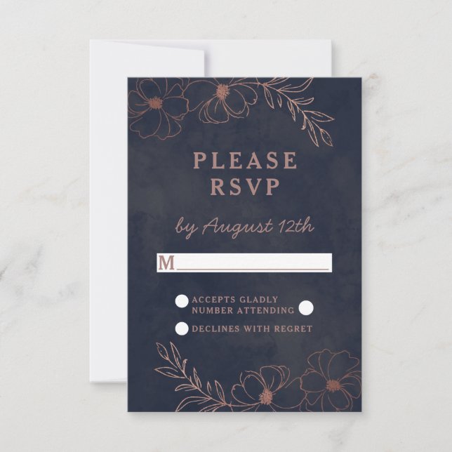 Marine Blue & Rose Gold Foil Mariage Chic RSVP Rép (Devant)
