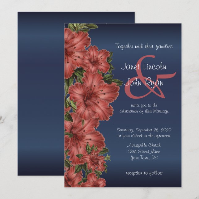 Marine Blue & Rustic Red Floral Invitations de mar (Devant / Derrière)
