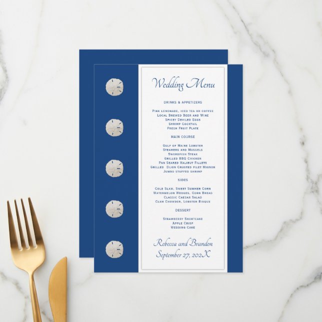 Marine Blue Sand Dollars Mariage Menu Modèle (Devant/Arrière en situation)