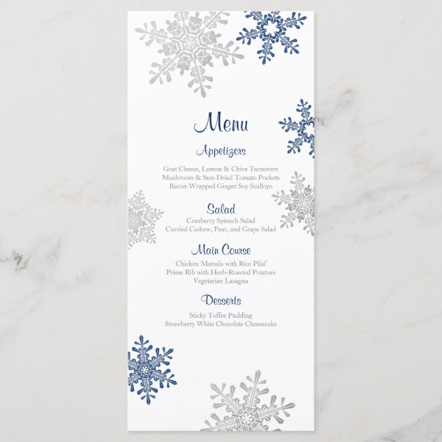Marine Blue Silver Snowflake Winter Wedding Menu (Devant)