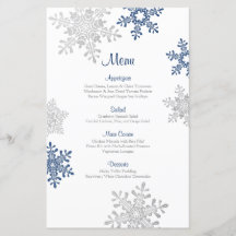 Marine Blue Silver Snowflake Winter Wedding Menu