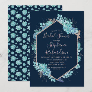 Marine Blue Succulents Nuptiale Douche Invitation