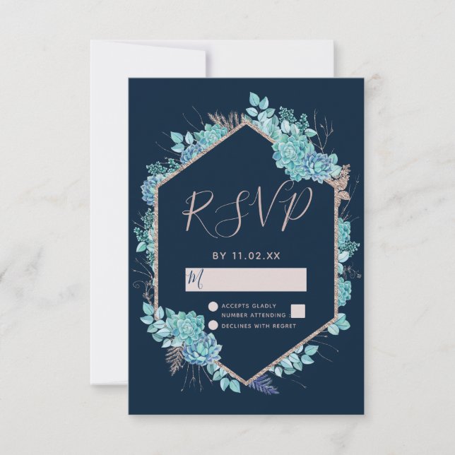 Marine Blue Succulents & Rose Gold Wedding RSVP (Devant)