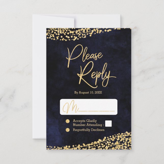 Marine Blue Watercolor & Gold Mariage Réponse RSVP (Devant)