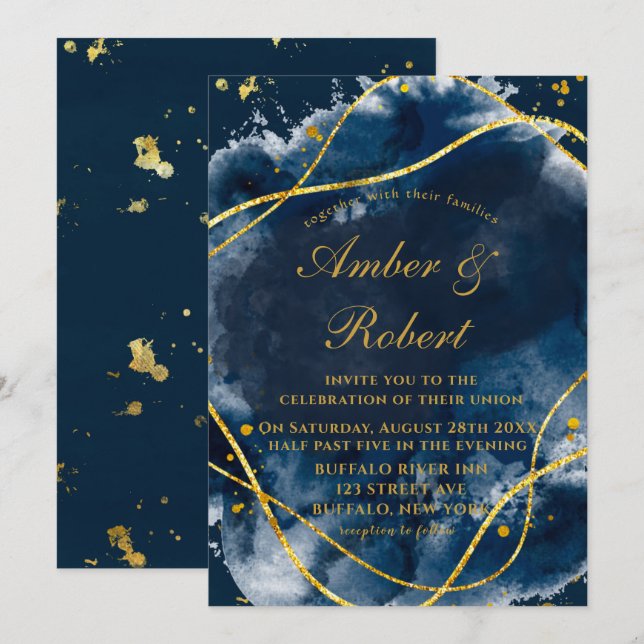 Marine Blue Watercolor Gold Wedding Invitations (Devant / Derrière)