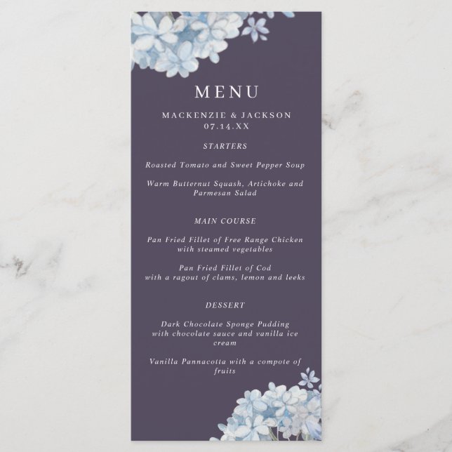 Marine Blue Watercolor Hydrangeas Mariage Menu (Devant)