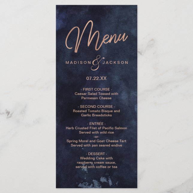 Marine Blue Watercolor & Rose Gold Mariage Menu (Devant)