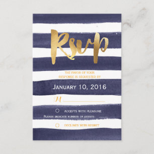Marine Blue Watercolor Stripes Gold Wedding RSVP
