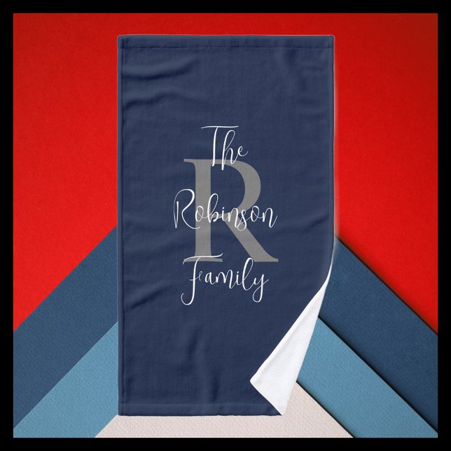 Marine Blue White Grey Nom de famille Monogramme (Créateur téléchargé)