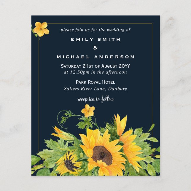 Marine Blue Yellow Sunflowers Mariage Invite (Devant)