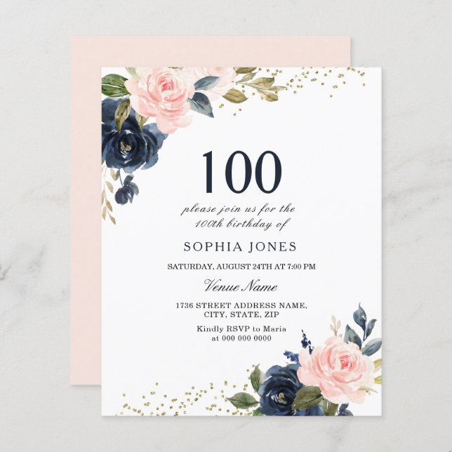 Marine & Blush Budget 100e anniversaire Invitation (Devant / Derrière)