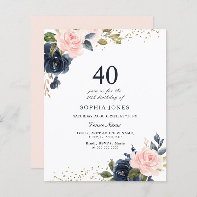 Marine & Blush Budget 40e anniversaire Invitation (Devant / Derrière)