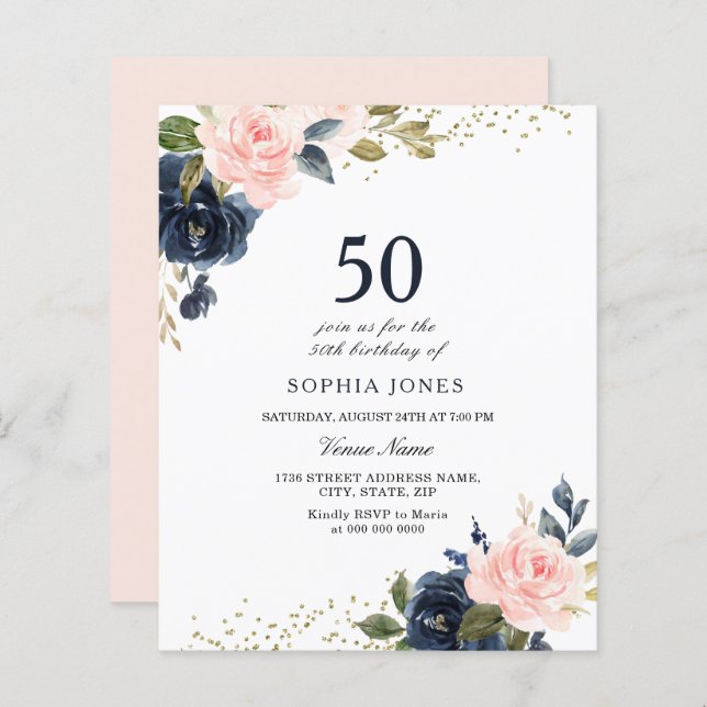 Marine & Blush Budget 50e anniversaire Invitation (Devant / Derrière)