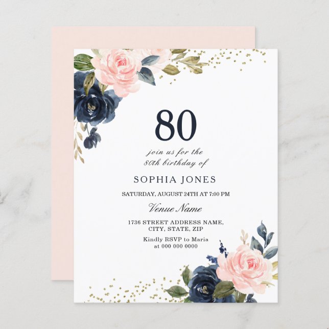 Marine & Blush Budget 80e anniversaire Invitation (Devant / Derrière)