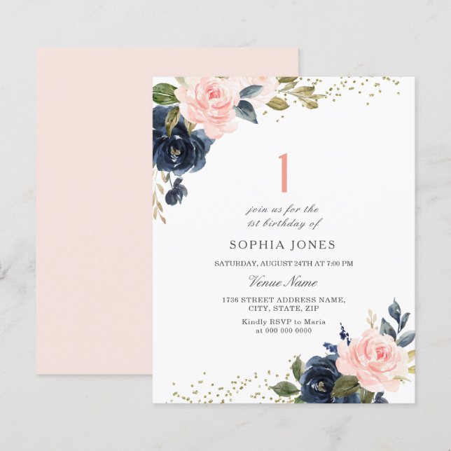 Marine & Blush Budget Girls 1er Invitation anniver (Devant / Derrière)