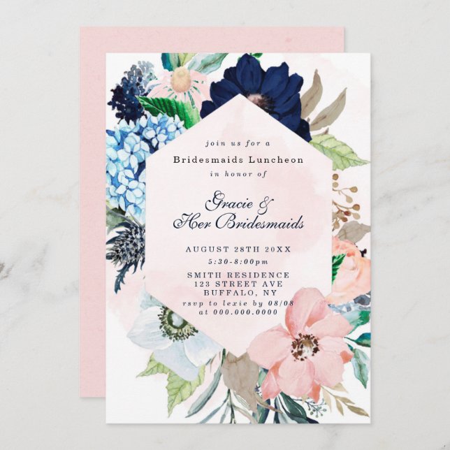 Marine Blush Floral Bridesmaids Luncheon Invitatio (Devant / Derrière)
