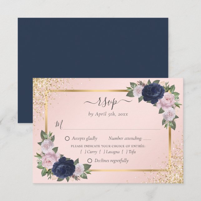 Marine Blush Gold Wedding RSVP Meal Choice (Devant / Derrière)