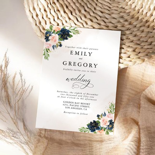 Marine & Blush Pink Floral Faire-part de mariage (Créateur téléchargé)