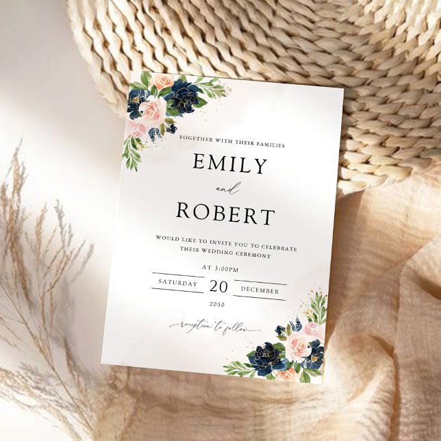 Marine & Blush Pink Floral Faire-part de mariage (Créateur téléchargé)