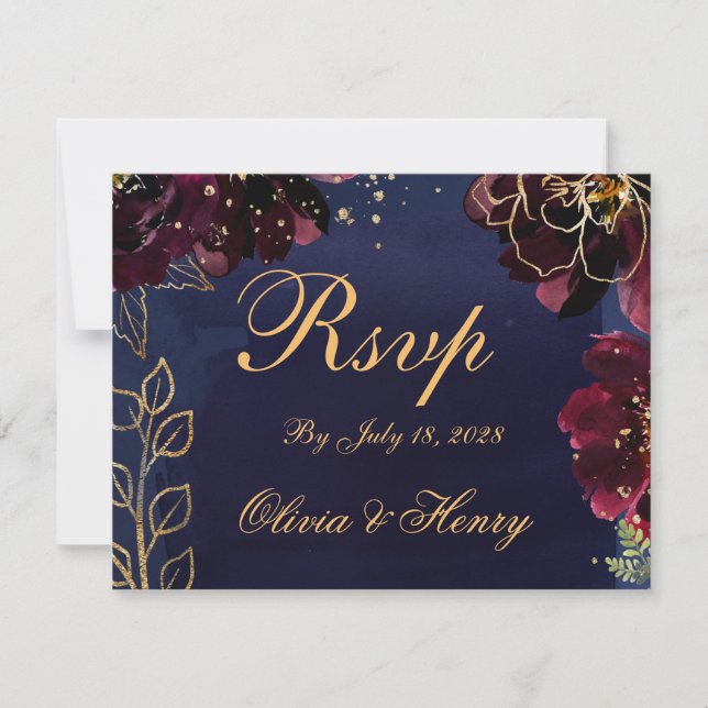 Marine Bordeaux Mariage RSVP Carte de retour (Devant)