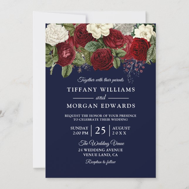 Marine & Bourgogne Rouge Blanc Rose Invitation Mar (Devant)