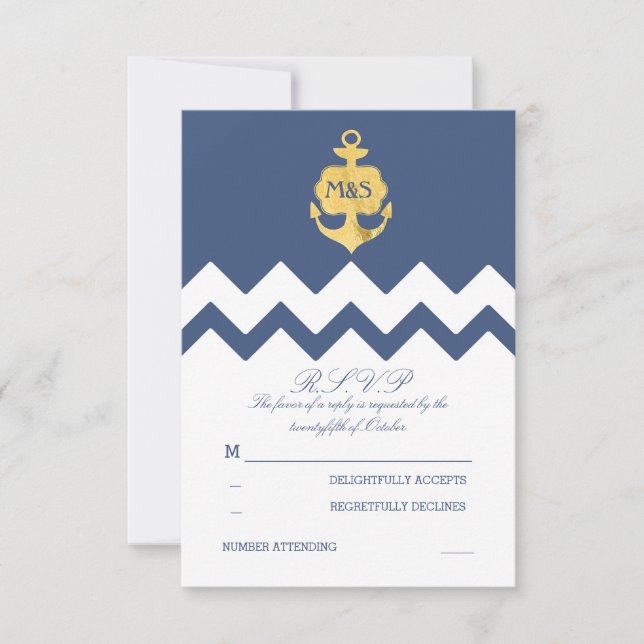 Marine Chevron Gold Foil Ancre Mariage RSVP Cartes (Devant)