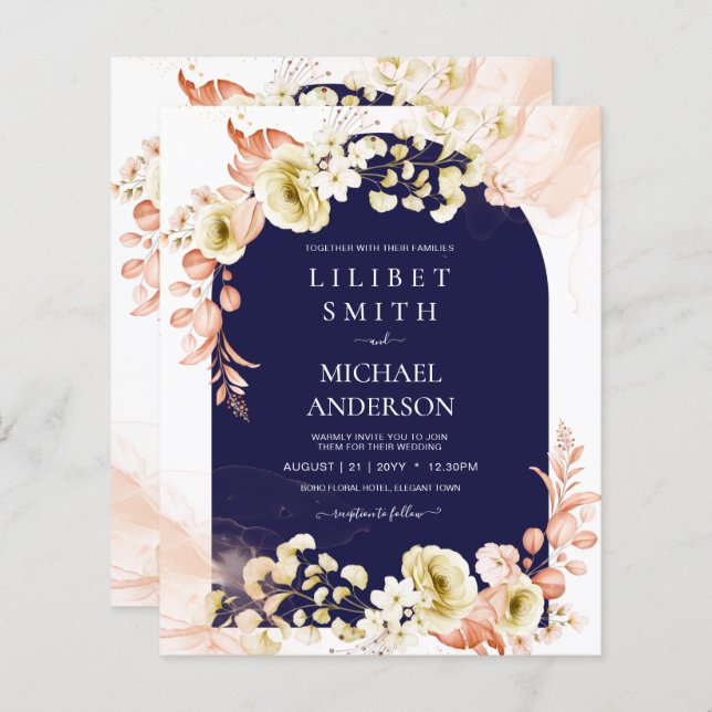 Marine Coral bleu Boho Floral Mariage Invite (Devant / Derrière)