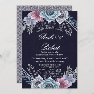 Marine Dusty Blue Rose Floral Wedding Invitations