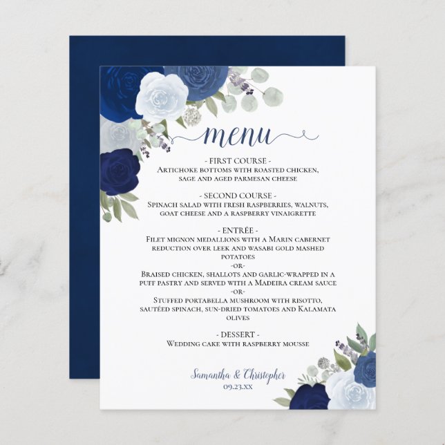 Marine & Dusty Blue Roses Budget Mariage Menu (Devant / Derrière)