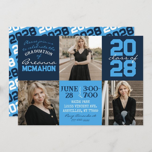 Marine et Bleu clair 3 Photo Graduation Invitation (Créateur téléchargé)