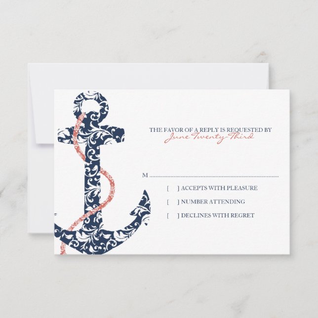 Marine et Coral Ancre Beach Mariage rsvp (Devant)