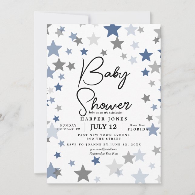 marine et gris étoile Baby shower Invitation sip & (Devant)