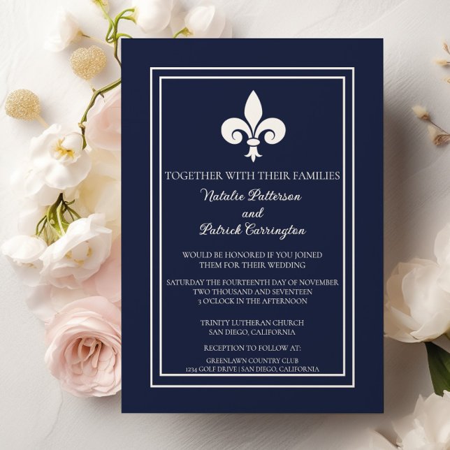 Marine Faire-part de mariage Fleur de Lis (Navy Blue Fleur de Lis Wedding Invitation)