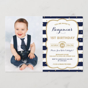 Marine Gold Boy 1er anniversaire Invitation Prince