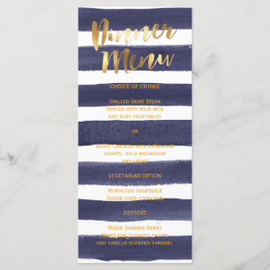 Marine Gold Watercolor Stripes Mariage Dîner Menu