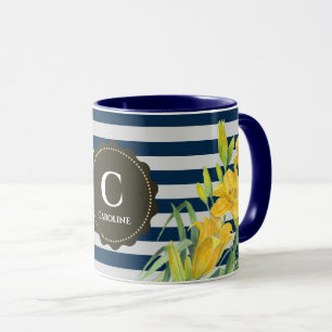 Marine Grey Stripes Aquarelle Jaune Lys Jaune Mug