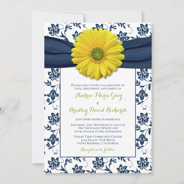 Marine Jaune Damask Faire-part de mariage (Devant)