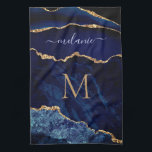 Marine Marbre bleu or Nom personnalisé Serviette d<br><div class="desc">Serviettes de cuisine avec Monogramme Nom Agate Marine Blue Gold Gemstone Marble Geode Parties scintillant Étincelle Personnalisée Anniversaire - Anniversaire ou Mariage Cadeau / Fournisseur - Ajouter votre lettre / Nom - Texte ou Supprimer - Faire votre cadeau de serviette de cuisine spéciale - Redimensionner et déplacer ou ajouter du...</div>