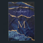 Marine Marbre bleu or Nom personnalisé Serviette d<br><div class="desc">Serviettes de cuisine avec Monogramme Nom Agate Marine Blue Gold Gemstone Marble Geode Parties scintillant Étincelle Personnalisée Anniversaire - Anniversaire ou Mariage Cadeau / Fournisseur - Ajouter votre lettre / Nom - Texte ou Supprimer - Faire votre cadeau de serviette de cuisine spéciale - Redimensionner et déplacer ou ajouter du...</div>