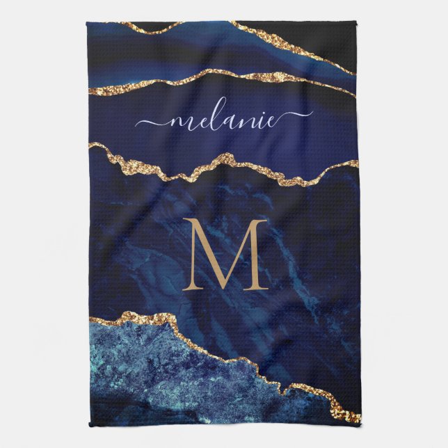 Marine Marbre bleu or Nom personnalisé Serviette d (Vertical)