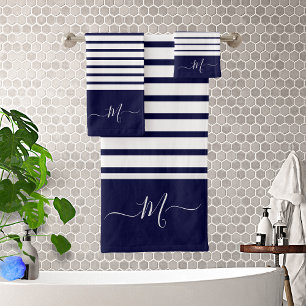 Marine marine Bleu blanc rayé Monogramme initial