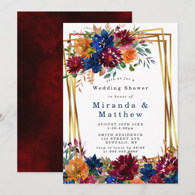 Marine Marsala Orange Floral Wedding shower or (Devant / Derrière)