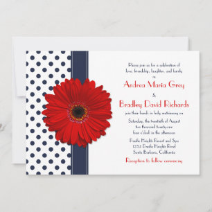 Marine Polka Dot Red Daisy Faire-part de mariage